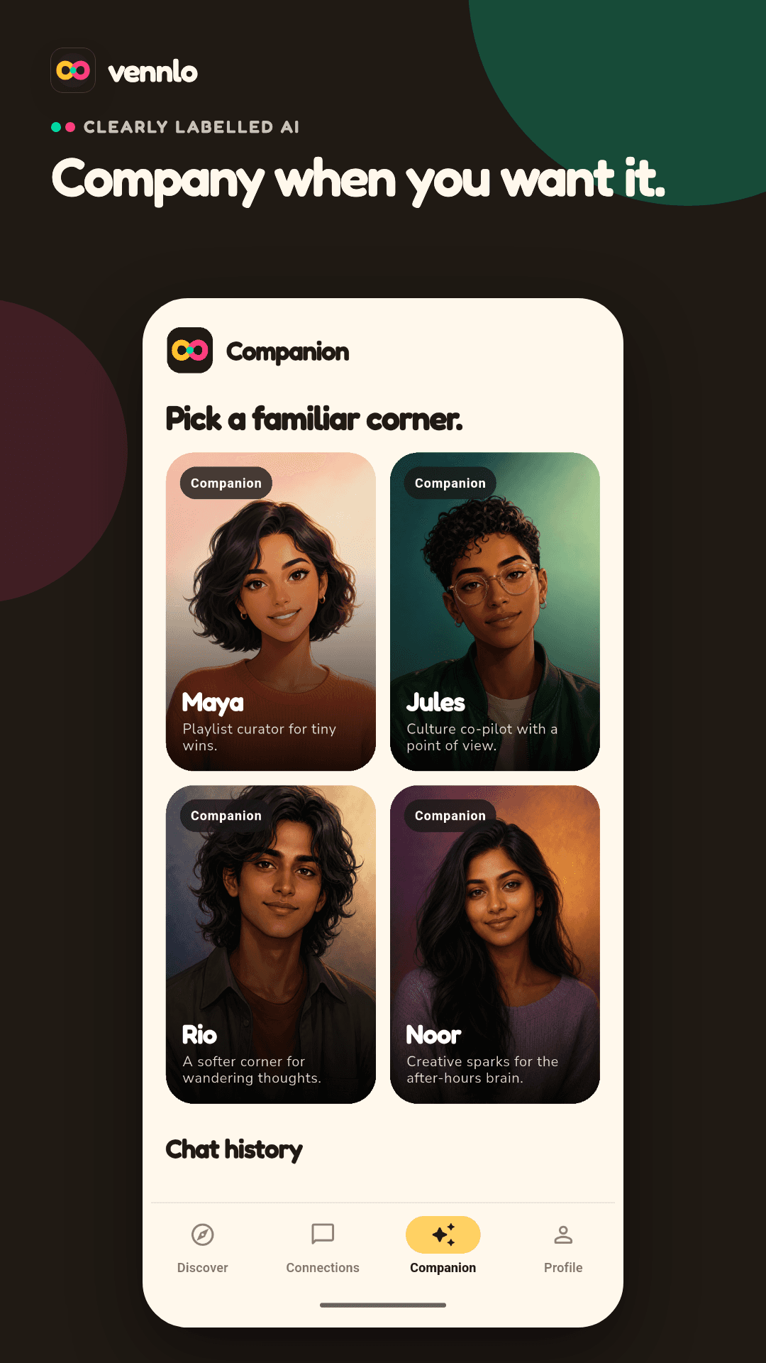 Clearly labelled AI companions in Vennlo