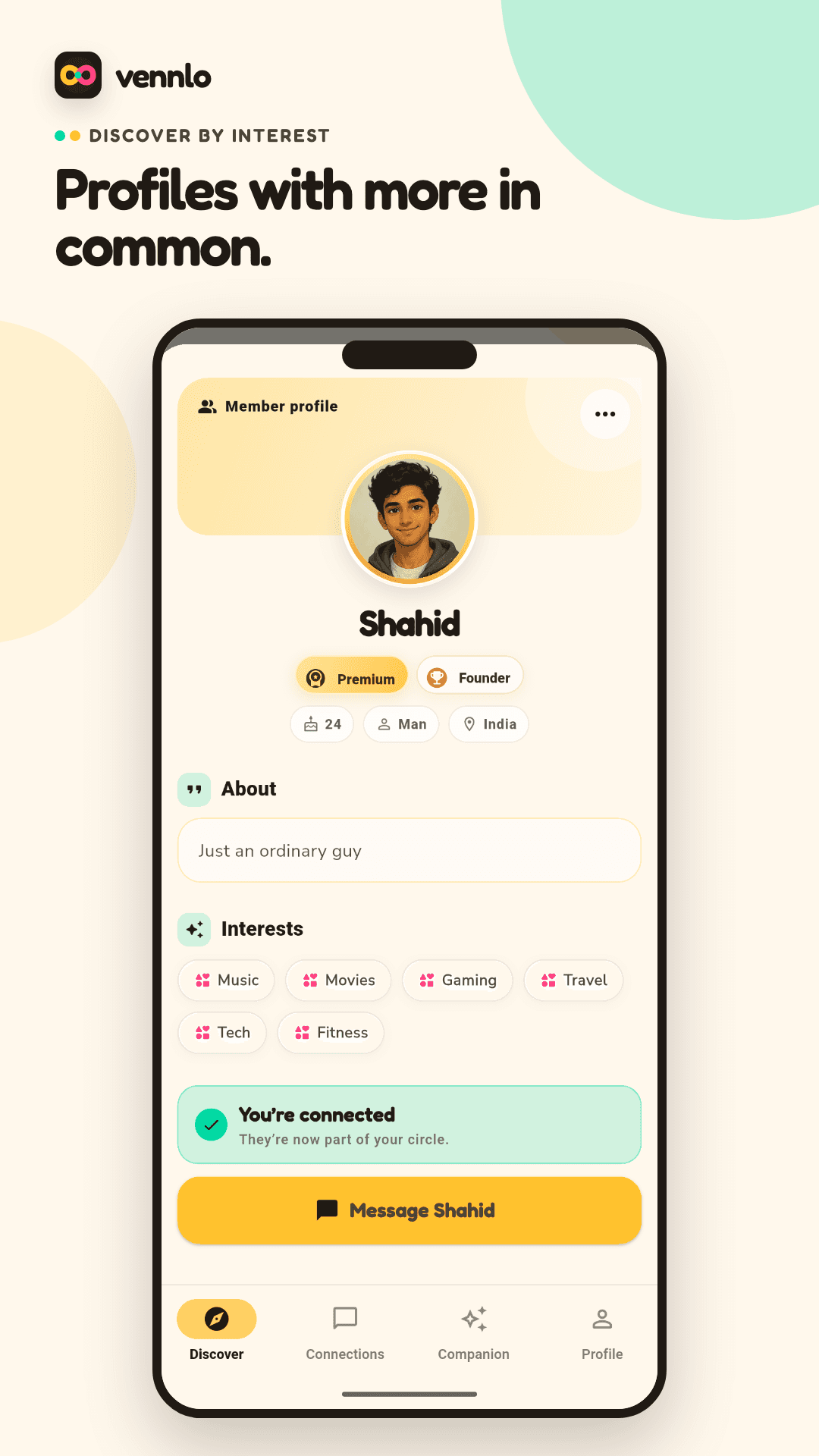 A Vennlo member profile with shared interests